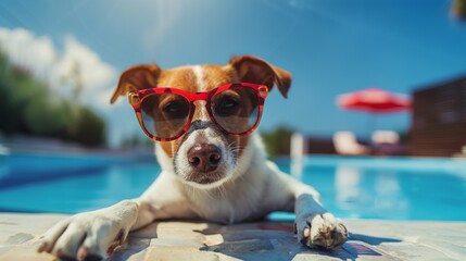 A patriotic dog wearing sunglasses and an american flag. USA Independence day 4 July. Freedom concept