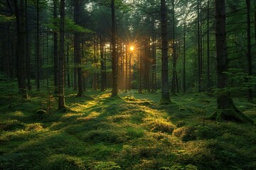 A beautiful forest lit up in the sun, high quality, high resolution