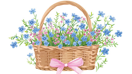Blue little wild flowers in wicker basket with pink