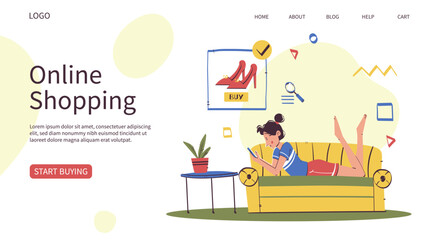 Online shopping landing page or web design in a hand-drawn, minimalist, flat design model.