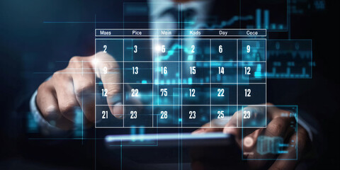 Strategic Planning: Businessman Manager Using digital tablet to Organize Calendar Reminders on Virtual Screen Interface for Business Growth Strategy, with blue background, generative ai
