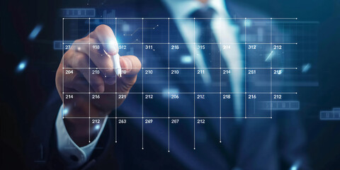 Businessman Manager Using white Magic Pen to Organize Calendar Reminders on Virtual Screen Interface for Business Growth Strategy, Innovative Technology, blurred blue background, generative ai
