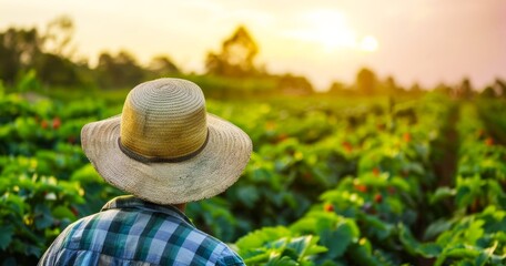 A farmer wearing a straw hat standing in a green vegetable garden at sunset