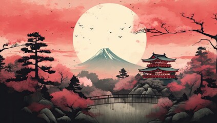 A painting of a mountain range with a large red sun in the background. The sky is filled with stars and the mountains are covered in red.