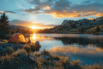Lakeside Retreat: Family Setting Up Tent by Lake at Sunset for National Camping Month