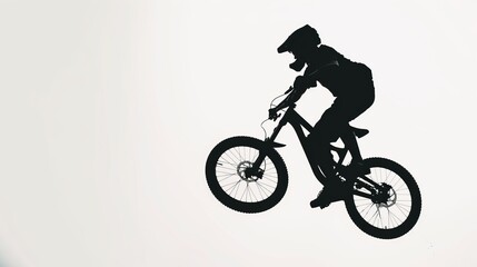 Fototapeta premium Silhouette of cyclist doing jump on mountain bike isolated white background