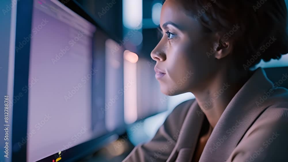 Poster woman analyzing data on computer screen generative ai