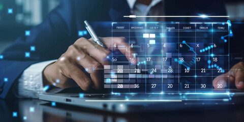 Strategic Planning: Businessman Manager Using Magic Pen with laptop to Organize Calendar Reminders on Virtual Screen Interface, Innovative Technology Concept" generative ai