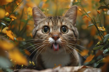 Naklejka na ściany i meble Cute tabby cat sticking out tongue in the grass and flowers