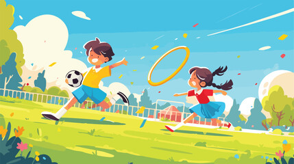 Boy and girl playing football and spinning hula hoo