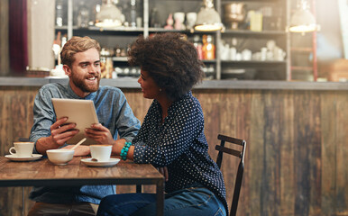 Couple, tablet and laughing or talking in coffee shop with social media meme, bonding or funny...