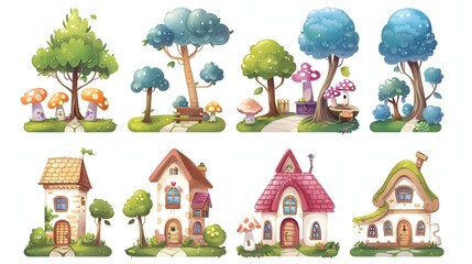 Enchanting Fantastical Landscape with Whimsical Fairy Tale Cottages and Magical Mushroom Forests