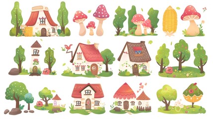Obraz premium Enchanting Fairytale Landscape with Whimsical Cottages and Mushrooms