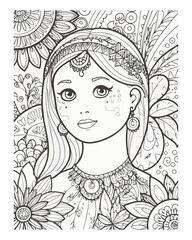 Women's face coloring book page for kids