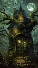 Obraz premium Enchanting Moonlit Fairytale Cottage Nestled in Mysterious Enchanted Forest Landscape