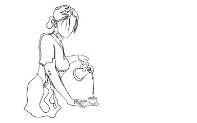 line art, a picture of a woman pouring water from a teapot into a glass, on a white background