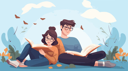 Boy man reading book and woman in glasses reading b