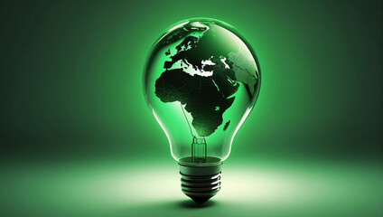 A green environmental ambient light bulb renewable energy with a green globe inside of it on a soft green lighting background 