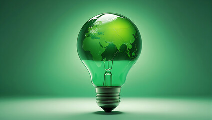 A green environmental ambient light bulb renewable energy with a green globe inside of it on a soft green lighting background 