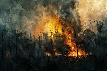 Illustration of  painting showing a fire, high quality, high resolution