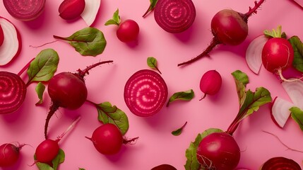 Creative layout made of beetroot and radish Flat lay Food concept : Generative AI