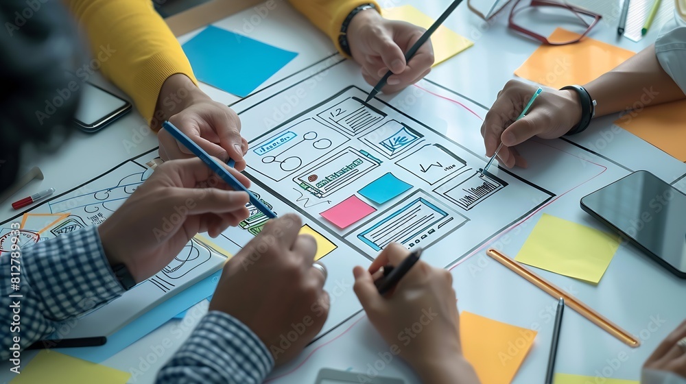 Leinwandbilder Group of designers draw a ux website to develop a mobile application at meeting : Generative AI
