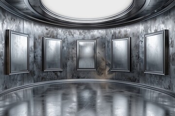 Innovative Circular Art Gallery with Metallic Silver Walls, Canvas Frames Ready for Text Mockups,