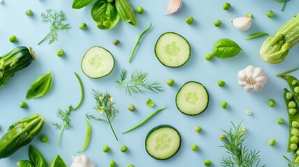 Creative layout made of green peas dill garlic basil zucchini cucumber and green onion on the light blue background Flat lay Food concept Macro  concept : Generative AI - Powered by Adobe
