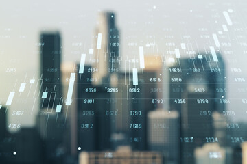 Abstract virtual analytics data spreadsheet on blurry skyscrapers background, analytics and...