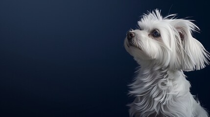 Luxurious Scene Featuring a Pure White Dog Against a Deep Navy Background, Captured with Exceptional Clarity and Detail