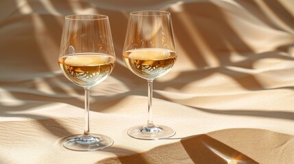 A light beige background with shadows and fantastic highlights and two glasses of white wine