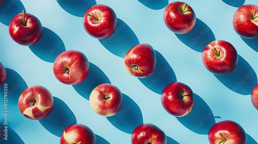 Aufkleber colorful fruit pattern of fresh red apples on blue background from top view : generative ai