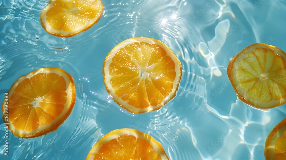 Leinwandbilder creative summer composition made of sliced orange in transparent pool water refreshment concept heal
