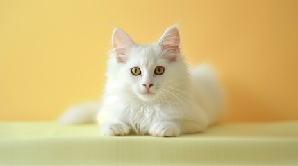 Luxurious Scene of a White Cat Captured on a Pastel Yellow Background, Exuding Calmness and Purity in a High-Resolution Format