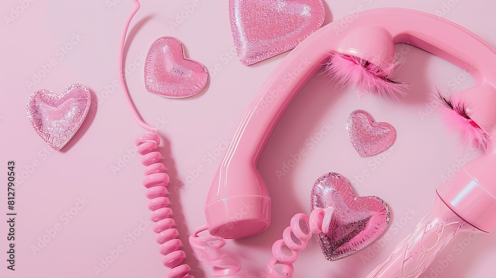 Wall mural valentines day creative layout with pink retro phone handset false eyelash and kiss print on pastel 