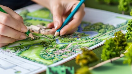 Fototapeta premium paper sheet of layout plan with hands and garden background that shown design of clubhouse landscape or garden design drawing by hand with color marker pens and color pencil selectiv : Generative AI