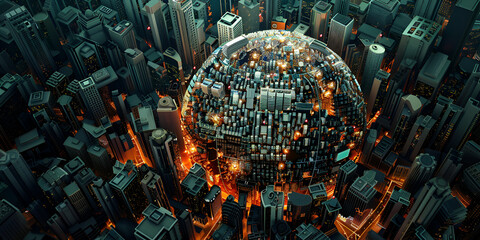 World globe in cyber world of information. Future and industry concept with communication and technology top view
