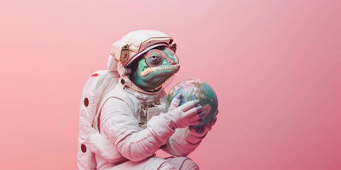 A chameleon in an astronaut suit and planet Earth on a bright background, minimal concept, copy space