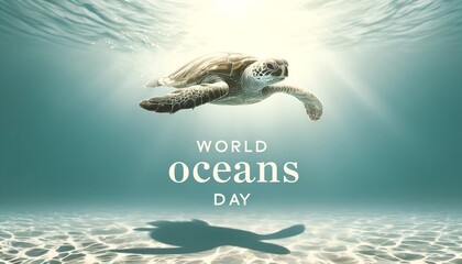 Illustration for world oceans day with a sea turtle swimming in clear ocean.