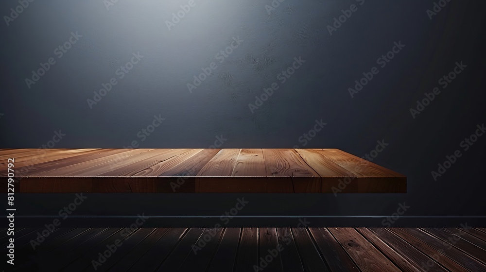 Poster empty wooden table on wall dark backgroundperspective wooden floor shelf tableused as a studio backg