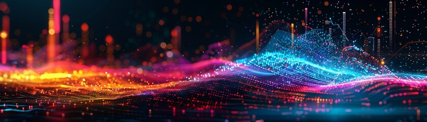 Obraz premium An artistic rendering of the digital investment journey, with vibrant colors representing different aspects of stock market analytics, offering a visually engaging look at investing 8K , high-resoluti