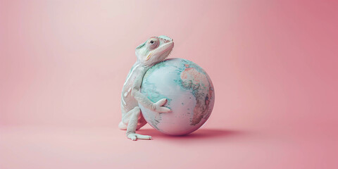 A chameleon and planet Earth on a bright background, minimal concept