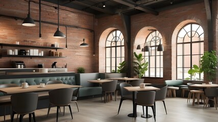 Naklejka premium A modern coffee shop interior with sleek furniture and exposed brick walls, where customers relax with laptops and frothy lattes