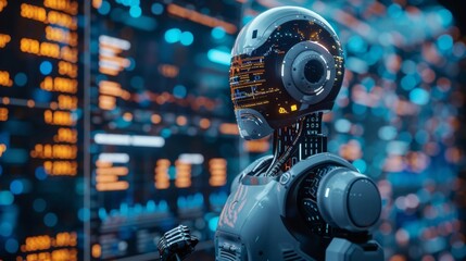 Fototapeta premium Futuristic AI head profile with digital circuit patterns glowing in neon blue, visualizing advanced technology and intelligence.