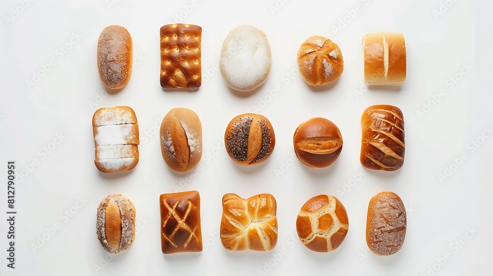 Poster creative layout made of breads on white background flat lay food concept : generative ai