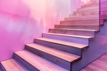 Modern Artistic Staircase with Sleek Wooden Steps in a Dusty Rose Art Gallery,  Includes Copy Space for Text.