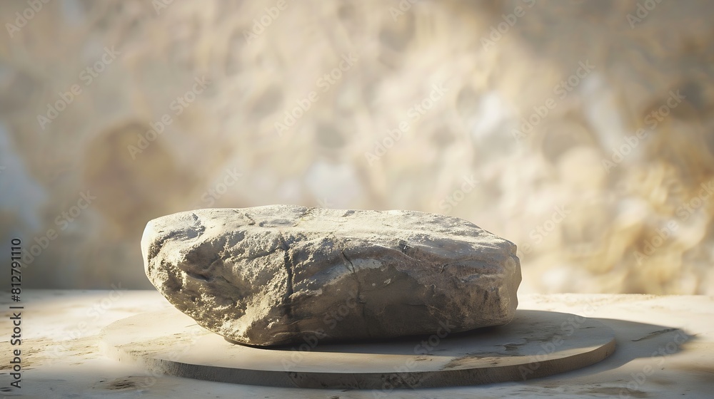 Poster product display podium rock stone with blurred background with sunlight shadow : generative ai