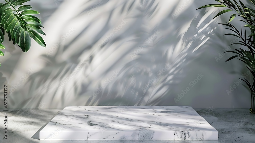 Aufkleber Abstract empty marble board with shadows leaves on a gray background Layout concept for promotional product presentation sale or cosmetics display Front view and copy space : Generative AI