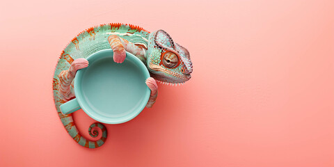 Chameleon and ceramic mug, minimal concept, flat lay