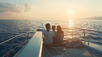Fototapeta premium Sea Cruise Family Sitting On Yacht Deck Sailing Across The Sea On Summer Vacation Panorama Copy Space : Generative AI